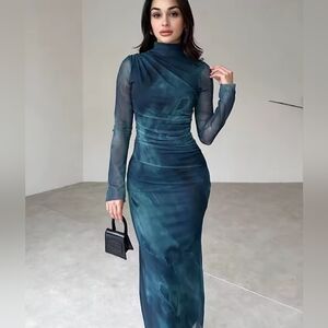 Elegant Teal Long Sleeve Dress